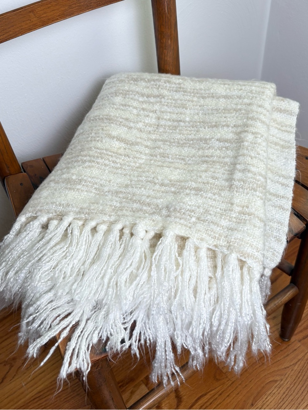 WEST ELM Cream Stripe Tassel Throw Blanket 44” x 56” Neutral Minimalist